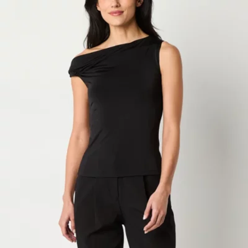 Worthington Womens Asymmetrical Neck Short Sleeve Blouse