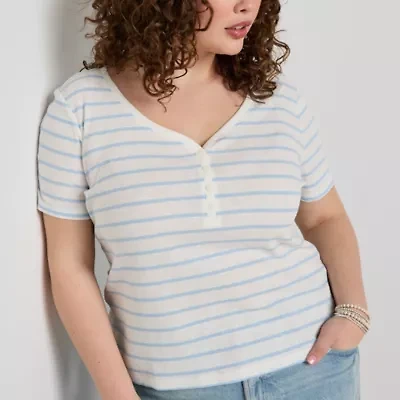 a.n.a Plus Ribbed Womens Short Sleeve Henley Shirt
