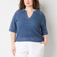 a.n.a Plus Womens Short Sleeve Crochet Polo