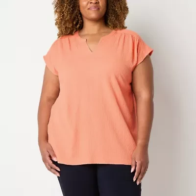 Liz Claiborne Womens Split Crew Neck Short Sleeve Plus Blouse