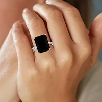 Womens Genuine Black Onyx Sterling Silver Side Stone Cocktail Ring