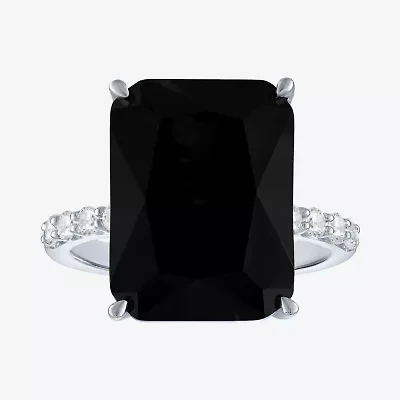 Womens Genuine Black Onyx Sterling Silver Side Stone Cocktail Ring