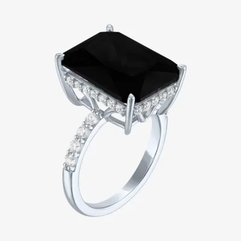 Womens Genuine Black Onyx Sterling Silver Side Stone Cocktail Ring