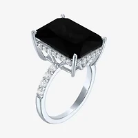 Womens Genuine Black Onyx Sterling Silver Side Stone Cocktail Ring