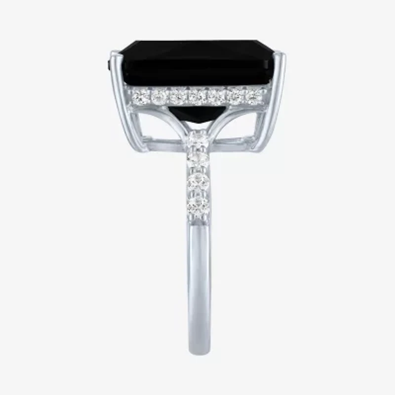 Womens Genuine Black Onyx Sterling Silver Side Stone Cocktail Ring