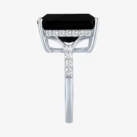 Womens Genuine Black Onyx Sterling Silver Side Stone Cocktail Ring