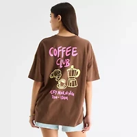 Coffee Club Womens Juniors Crew Neck Short Sleeve Oversized Graphic T-Shirt