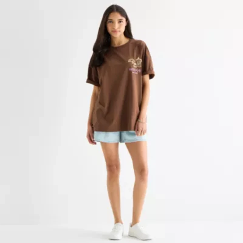 Coffee Club Womens Juniors Crew Neck Short Sleeve Oversized Graphic T-Shirt