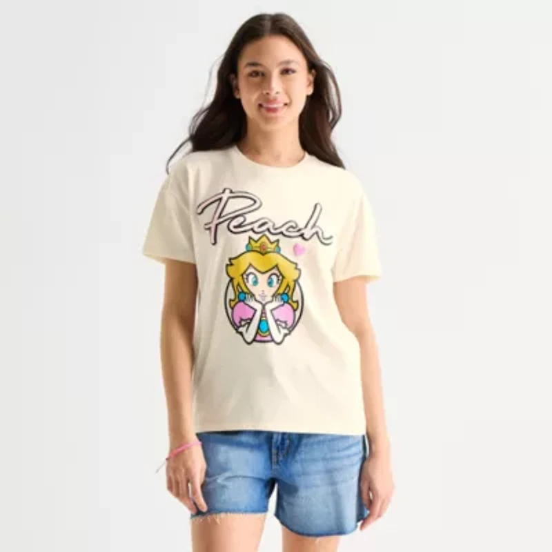 Womens Juniors Crew Neck Short Sleeve Regular Fit Princess Peach Graphic T-Shirt