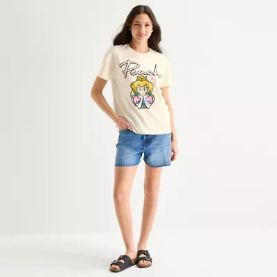 Womens Juniors Crew Neck Short Sleeve Regular Fit Princess Peach Graphic T-Shirt