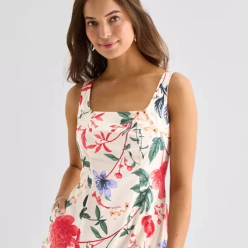 Melonie T Womens Sleeveless Floral Midi Fit + Flare Dress