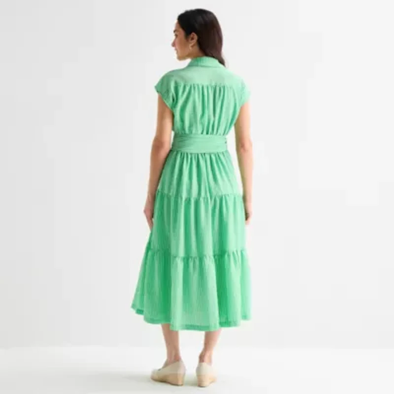 Danny & Nicole Womens Belted Short Sleeve Midi Striped Shirt Dress