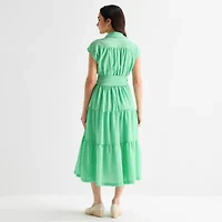 Danny & Nicole Womens Belted Short Sleeve Midi Striped Shirt Dress