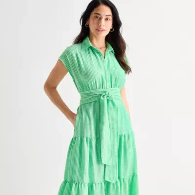 Danny & Nicole Womens Belted Short Sleeve Midi Striped Shirt Dress