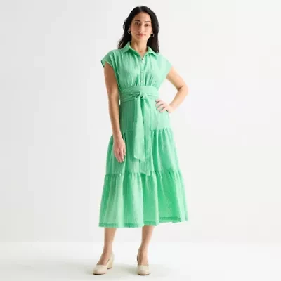 Danny & Nicole Womens Belted Short Sleeve Midi Striped Shirt Dress