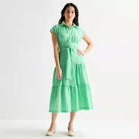 Danny & Nicole Womens Belted Short Sleeve Midi Striped Shirt Dress
