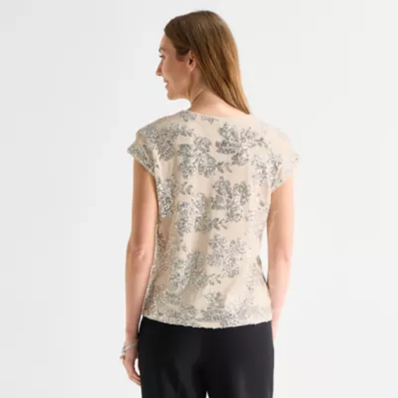 MSK Womens V Neck Short Sleeve Embellished Blouse