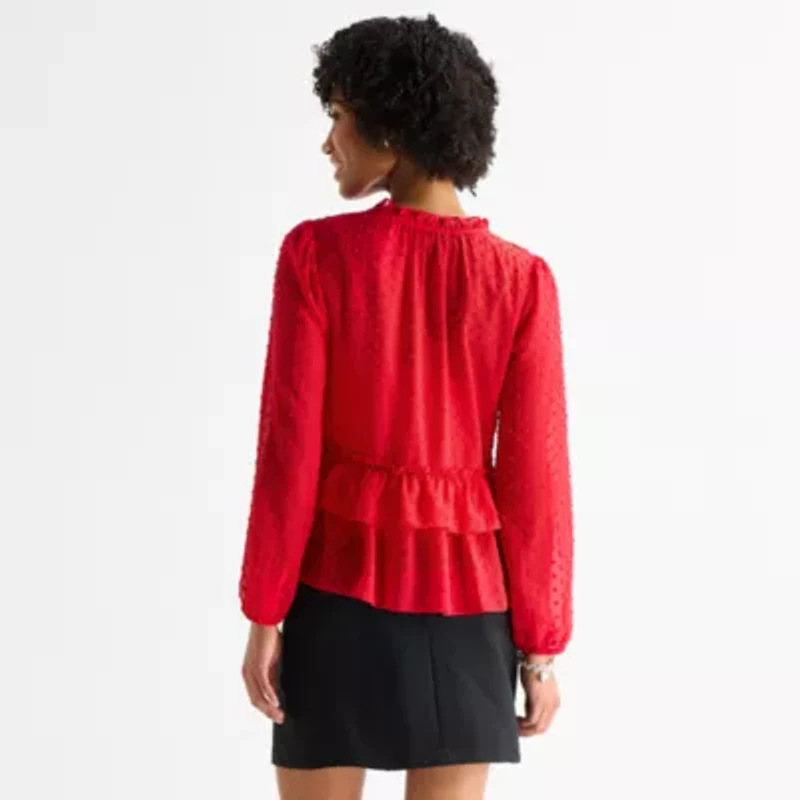 by&by Womens Juniors Split Tie Neck Long Sleeve Blouse