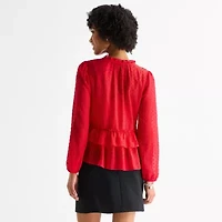 by&by Womens Juniors Split Tie Neck Long Sleeve Blouse