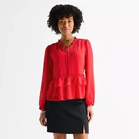 by&by Womens Juniors Split Tie Neck Long Sleeve Blouse