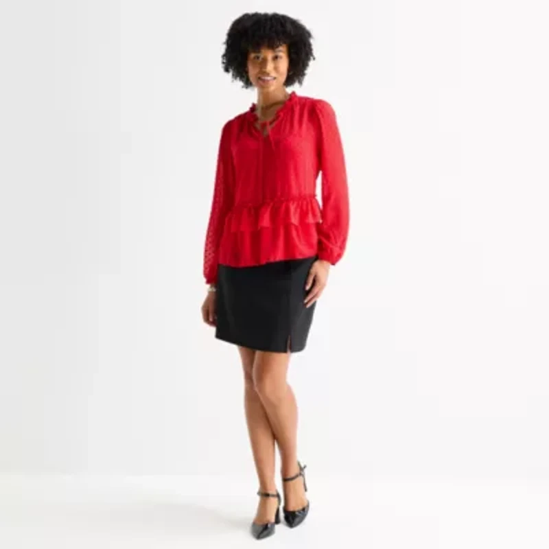 by&by Womens Juniors Split Tie Neck Long Sleeve Blouse