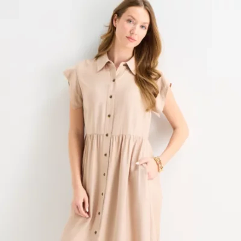 Liz Claiborne Womens Short Sleeve Midi Shirt Dress