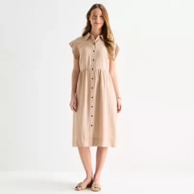 Liz Claiborne Womens Short Sleeve Midi Shirt Dress