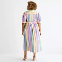 St. John's Bay Womens Plus Belted Elbow Sleeve Midi Striped Shirt Dress