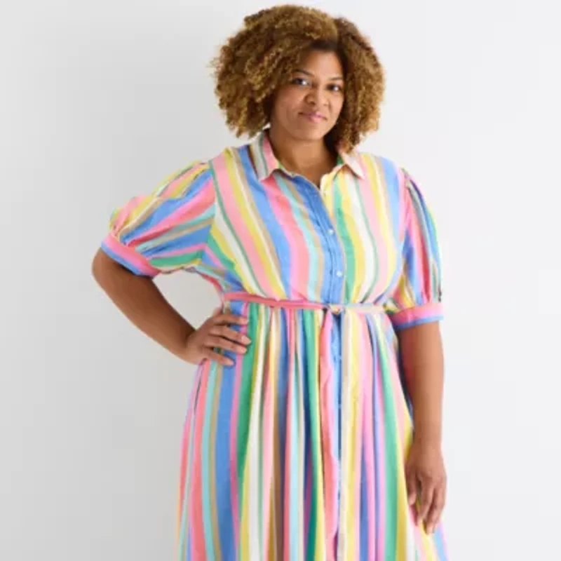 St. John's Bay Womens Plus Belted Elbow Sleeve Midi Striped Shirt Dress