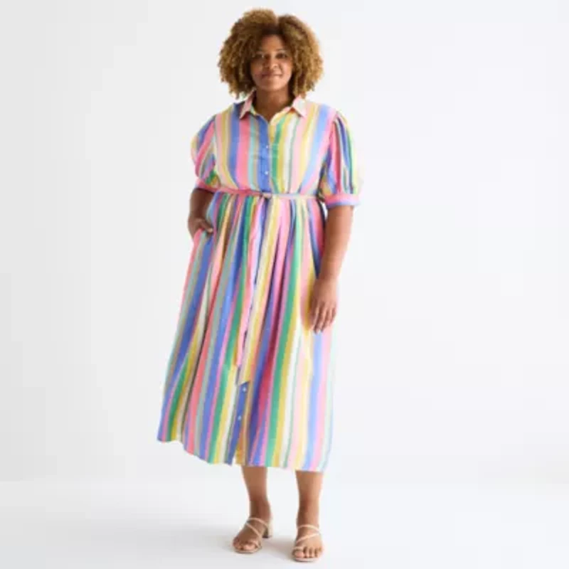 St. John's Bay Womens Plus Belted Elbow Sleeve Midi Striped Shirt Dress