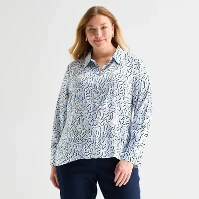 Liz Claiborne Womens Plus Long Sleeve Loose Fit Button-Down Shirt