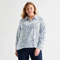 Liz Claiborne Womens Plus Long Sleeve Loose Fit Button-Down Shirt