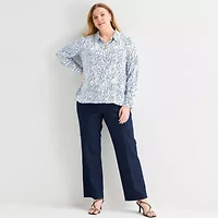 Liz Claiborne Womens Plus Long Sleeve Loose Fit Button-Down Shirt