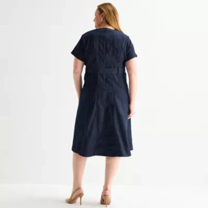 Liz Claiborne Womens Plus Short Sleeve Midi A-Line Dress