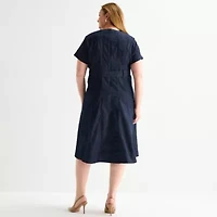Liz Claiborne Womens Plus Short Sleeve Midi A-Line Dress