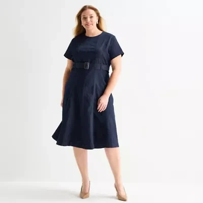 Liz Claiborne Womens Plus Short Sleeve Midi A-Line Dress