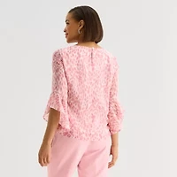 Black Label by Evan-Picone Womens Petite Round Neck 3/4 Sleeve Blouse