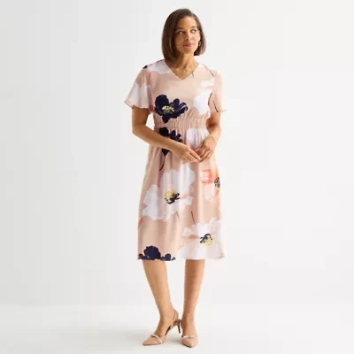 Liz Claiborne Womens Tall Short Sleeve Floral Midi Fit + Flare Dress