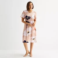 Liz Claiborne Womens Tall Short Sleeve Floral Midi Fit + Flare Dress