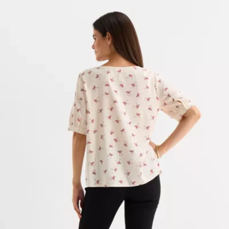 St. John's Bay Womens Split Tie Neck Elbow Sleeve Blouse