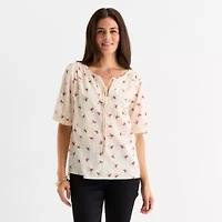 St. John's Bay Womens Split Tie Neck Elbow Sleeve Blouse