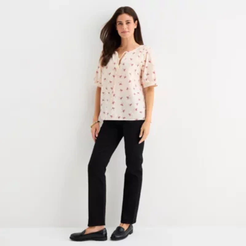 St. John's Bay Womens Split Tie Neck Elbow Sleeve Blouse