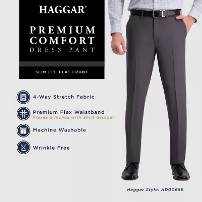 Haggar Premium Comfort Mens Waistband Slim Fit Dress Flat Front Pant