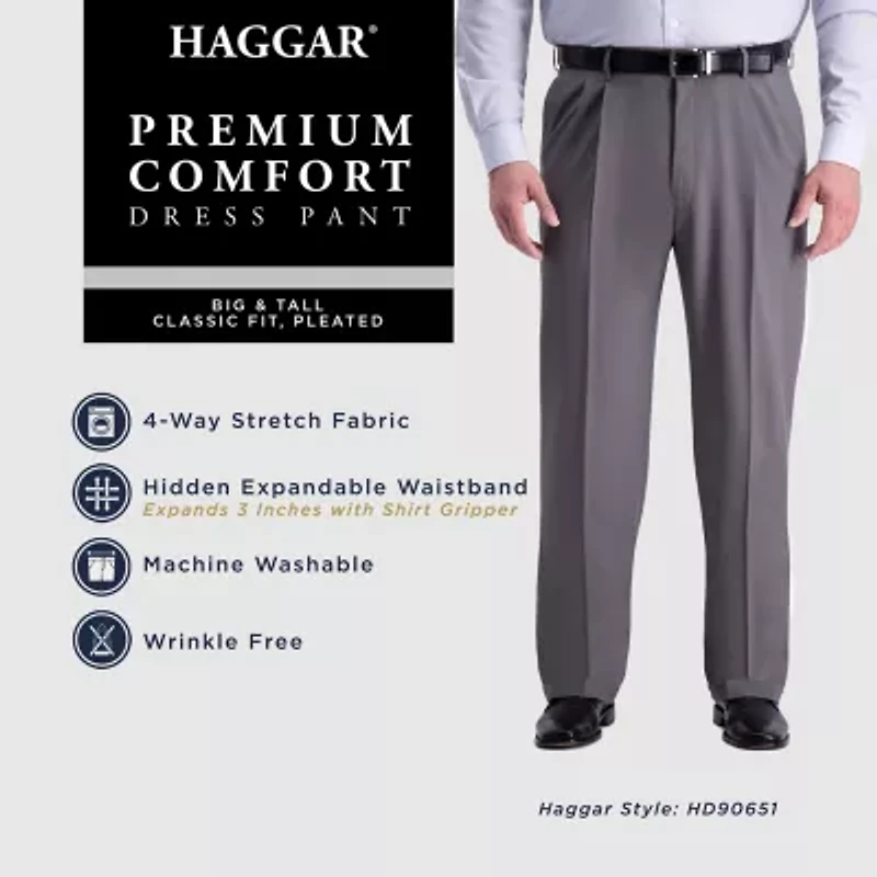 Haggar Premium Comfort Expandable Waist Mens Classic Fit Big and Tall Dress Pleated Pant