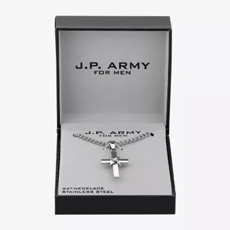 J.P. Army Men's Jewelry Stainless Steel 24 Inch Curb Cross Chain Necklace