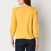 St. John's Bay Womens Tall Round Neck Long Sleeve Embroidered Blouse