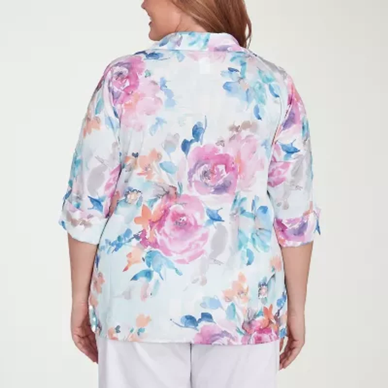 Alfred Dunner Classics Womens Plus 3/4 Sleeve Button-Down Shirt