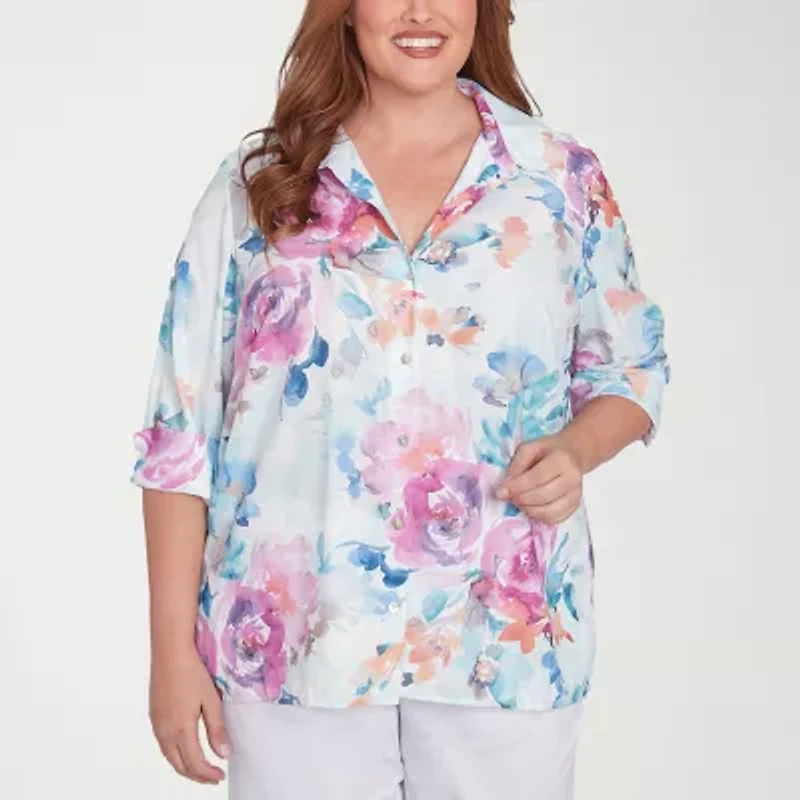 Alfred Dunner Classics Womens Plus 3/4 Sleeve Button-Down Shirt