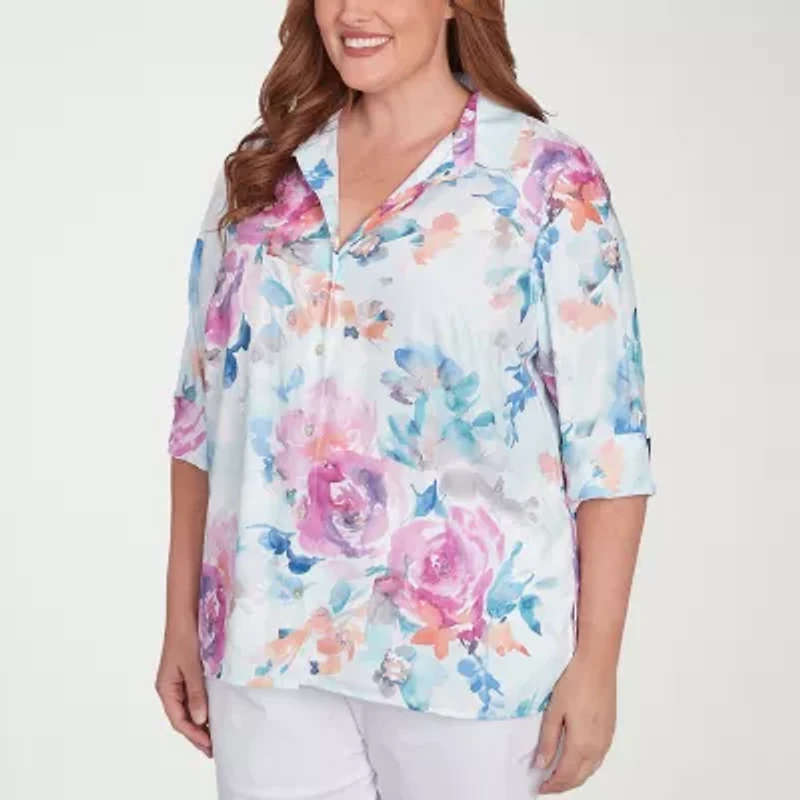 Alfred Dunner Classics Womens Plus 3/4 Sleeve Button-Down Shirt