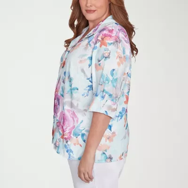 Alfred Dunner Classics Womens Plus 3/4 Sleeve Button-Down Shirt